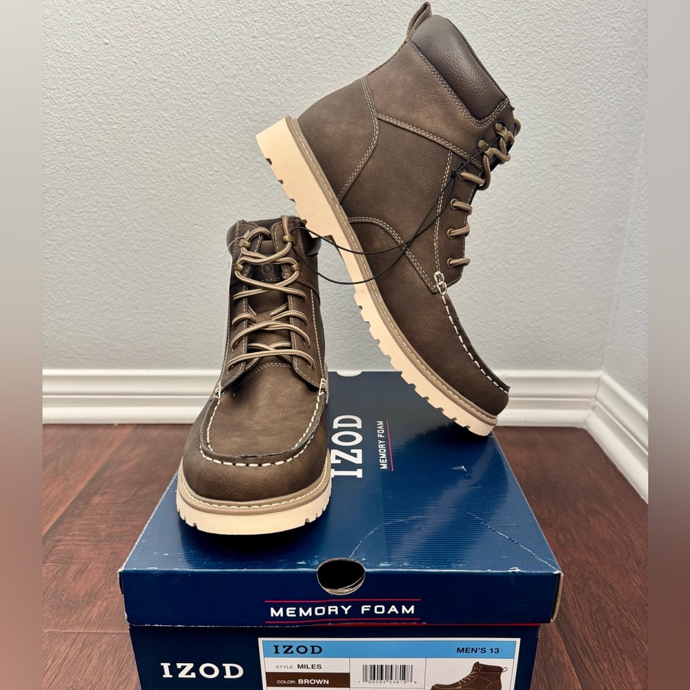 🆕 IZOD Men's Dark Brown Memory Foam Lace-Up Boots. Size 13. NIB